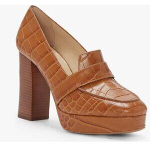 FOWT Brown Chunky Heel Loafer Square Toe Slip-on Crocodile-Textured Pumps
